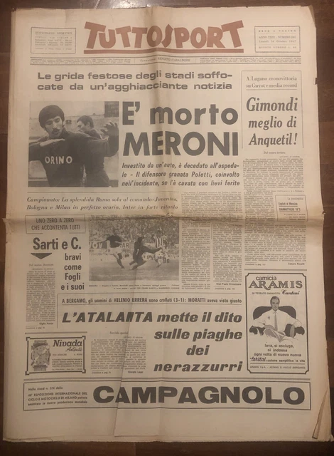 Gazzetta Dello Sport Originale Du 18 Octobre 1967 - Funérailles Gigi Meroni
