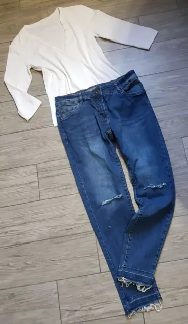 BLUE MOTION Jeans Pants 38 CROPPED Blau DESTROY Löcher Risse Fransen Anklelänge