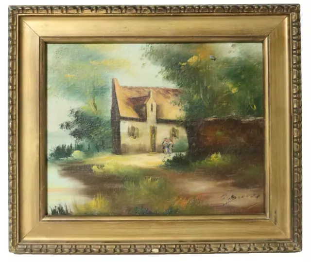 Antiguo Pintura Al Óleo Pintura Firmado Granja Paisaje Casa en el Lago Pintor