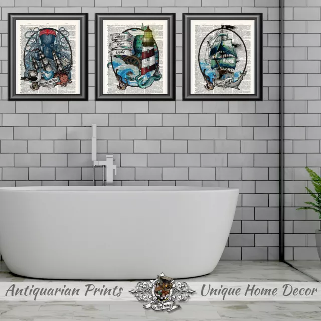 Set of 3 Antique Dictionary Page Art Print Picture Octopus Bathroom Decor