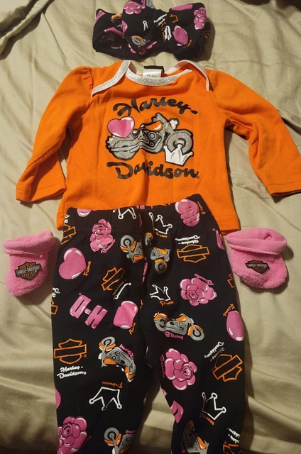 Harley Davidson Baby Girl Orange, Black, and Pink Outfit w/ Bow & Socks 3-6 mo