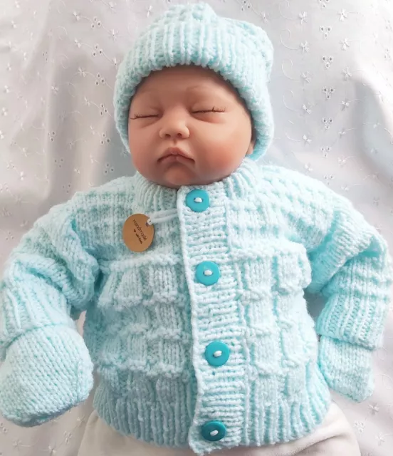 Hand knitted  Aran  Cardigan, hat and mittens set 0-3 month In Baby Turquoise