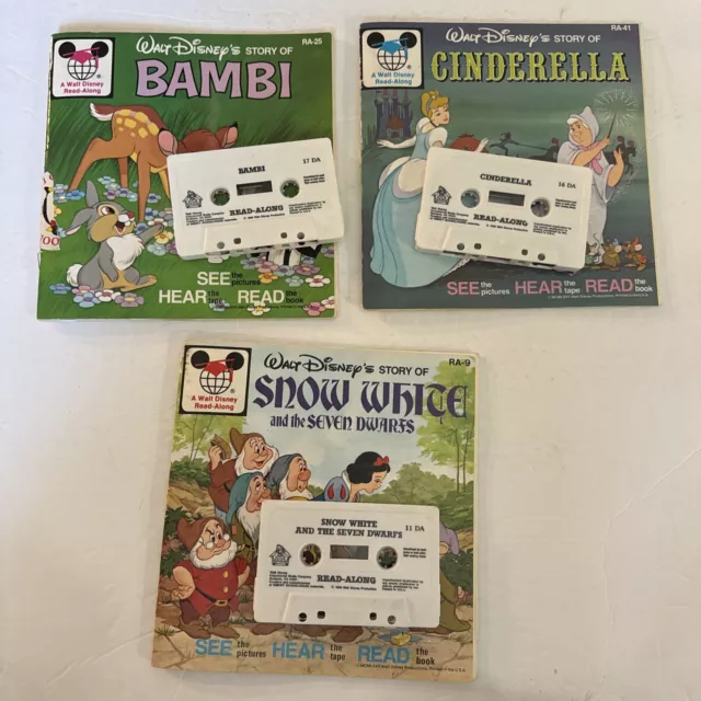 Walt Disney Read-Along Book & Cassette Lot Of 3 Bambi Cinderella Snow White