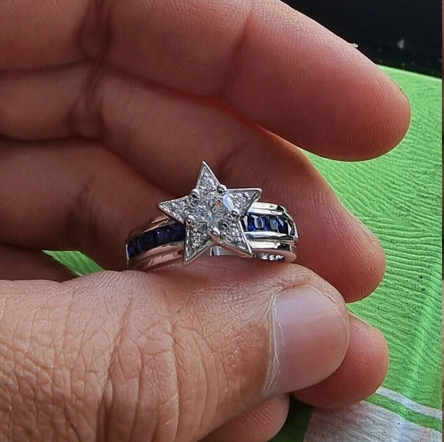 1. Ct Lab-Created Diamond & Blue Sapphire Dallas Cowboys Star Style Ring Silver