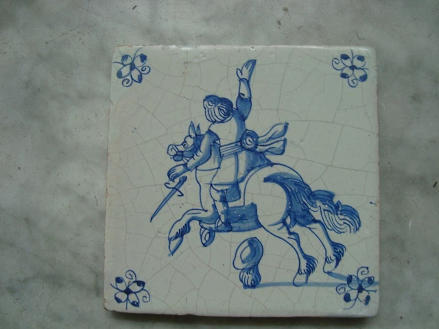 nice 17th century delft handpainted  tile with soldier on horse 1650