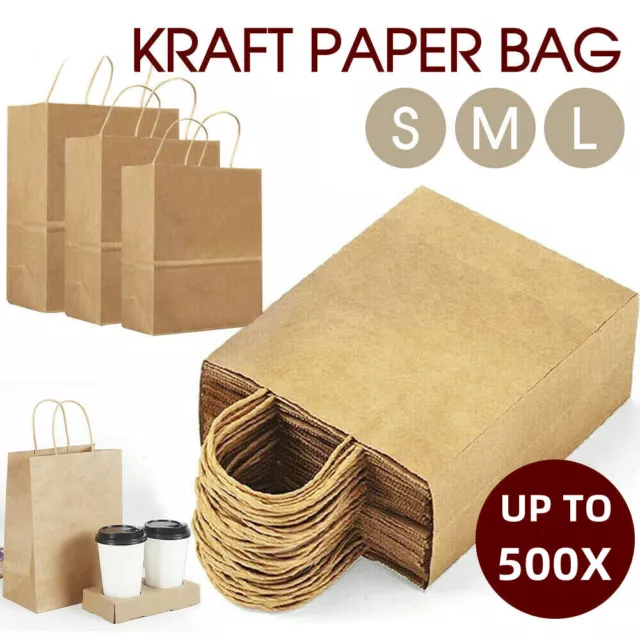 500PC BULK Kraft Paper Bags Gift Shopping Carry Craft Retail Bag Brown Reusable