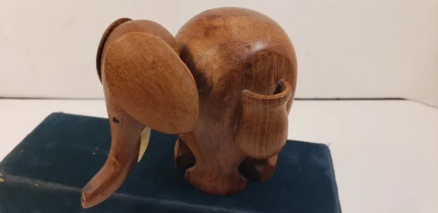 Vintage Wood Hand Carved Decorative  5 Inch Elephant Figurine With Tusks & Tail