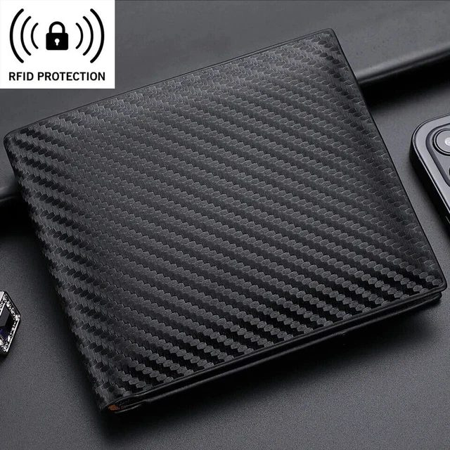 New Men's Slim Wallet RFID Blocking Carbon Fiber Leather Bifold Card ID Holder