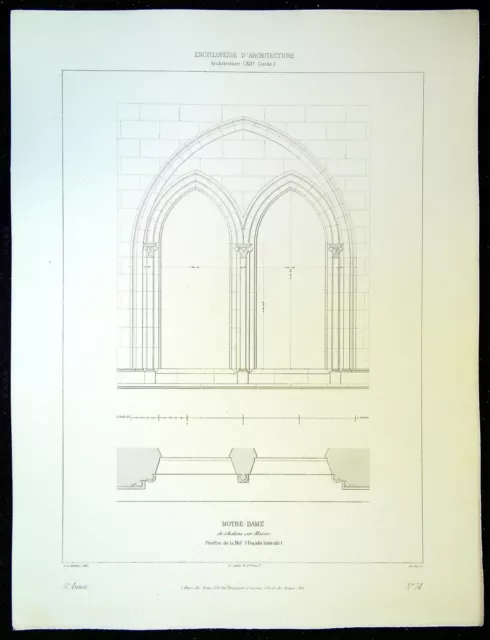 Ancienne Gravure d'Architecture N. Dame de chalon sur marne fenêtre DE la nef
