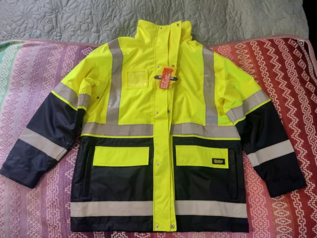 Bisley Wet Weather Coat Hi Vis NWT Safety Reflecter Tape Yellow With Hood Size L