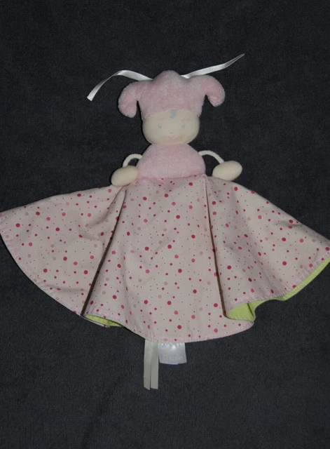 Doudou Plat Poupée Lutin Plat Réversible COROLLE Vert Rose à Pois Hochet NEUF