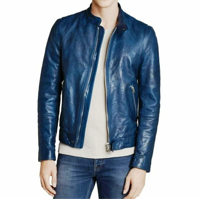 Giacca in Pelle da Uomo Moto Blu Slim Fit Biker Giacca in Vera Pelle di...