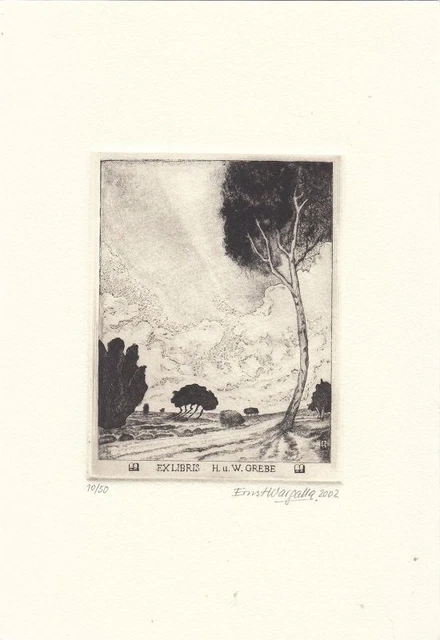 Exlibris Bookplate Radierung Ernst Wargalla Landschaft Bäume