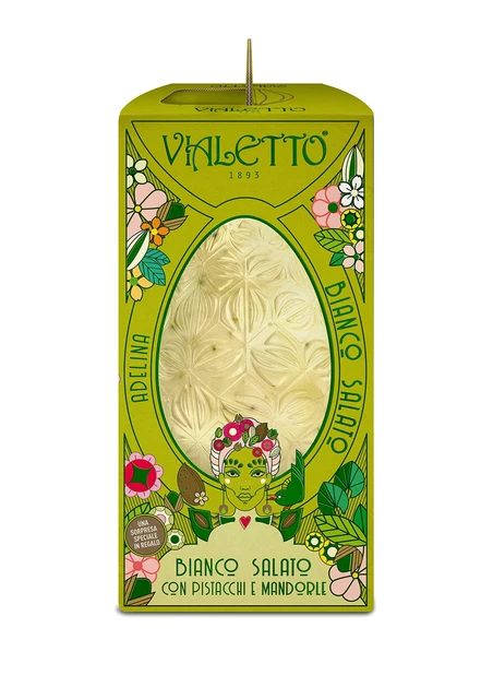 VIALETTO Uovo di Cioccolato Adelina Cioccolato Bianco Mandorle Salate 300g NUOVO 11/23