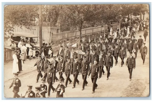 c1910's Patriotic Parade Marching Band Crowd Children Flag RPPC Photo Postcard