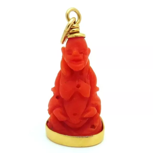 Vintage 18K Yellow Gold & Coral Chinese Buddha Charm Pendant