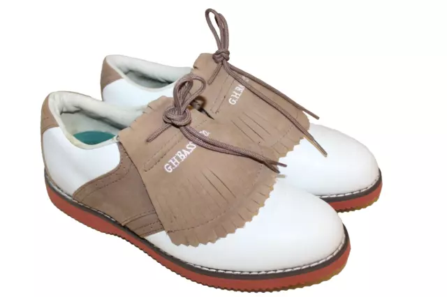 Zapatos de golf G H Bass para mujer talla 8 M silla de montar Oxford blanco - marrón bronceado cuero kiltie