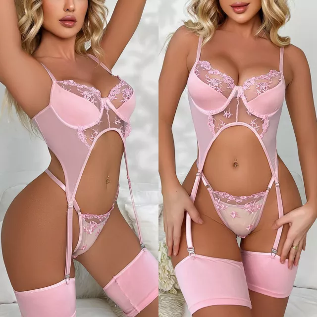 Sexy Bodystocking Bodysuit Womens Underwear Pink Flower Lace Lingerie Set Sissy