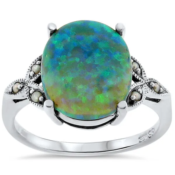 Classic Style Victorian Design 925 Silver Green Lab-Created Opal Pearl Ring 142X