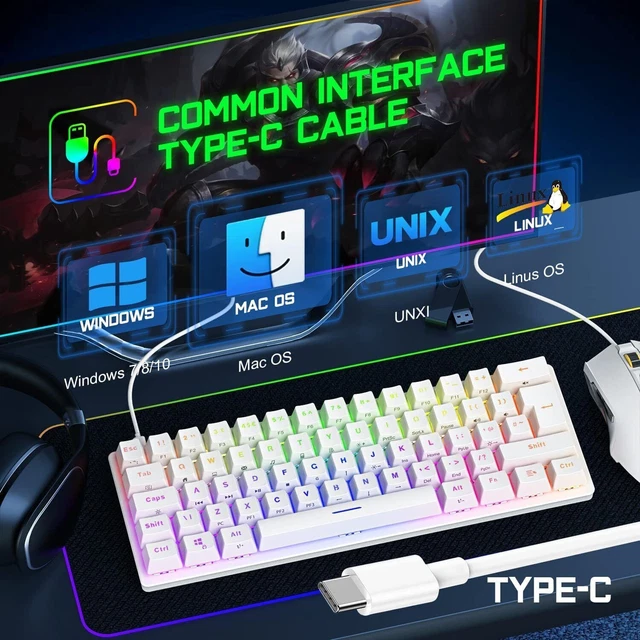 60MECHANICAL WIRED GAMING Keyboard RGB Backlit For PC Xbox PS4 MAC