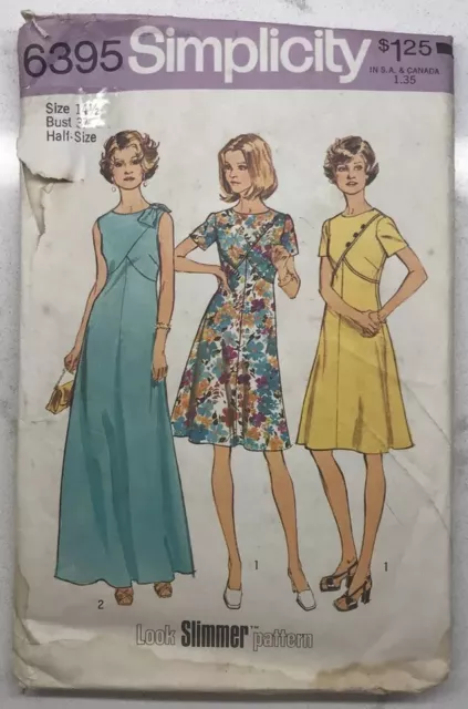 Vtg 1974 Simplicity Sewing Pattern #6395 Dresses In Two Lengths Size 14 1/2