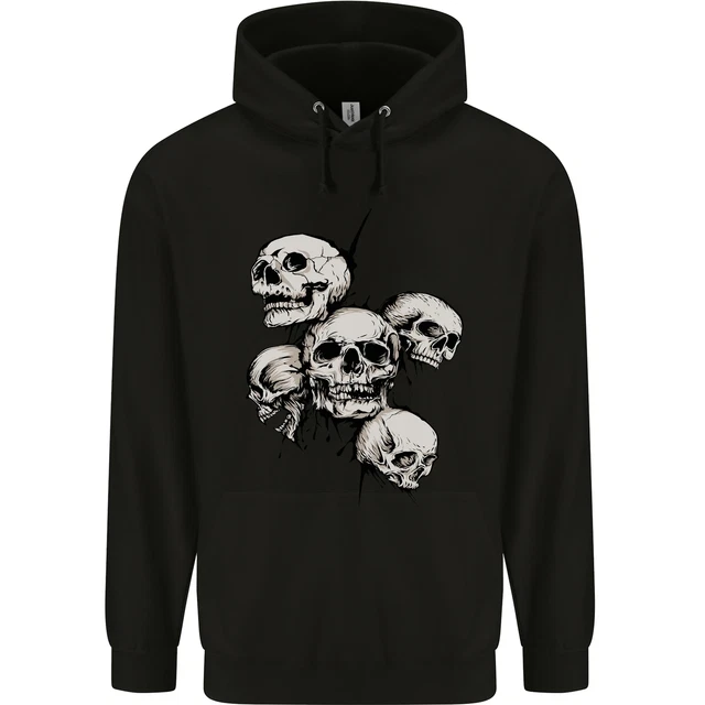 Felpa con cappuccio 5 teschi Demons Biker gotica metallo pesante da uomo 80% cotone