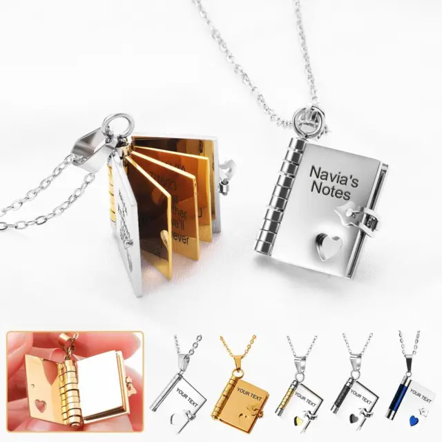 Personalised Book Necklace Heart Customised Engraving Stainless Steel Name  R9L1