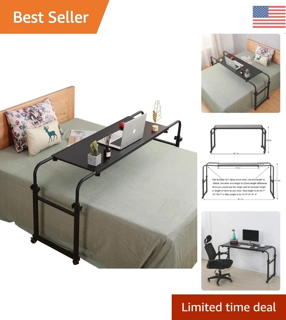Portable Adjustable Overbed Table with Wheels - Fits Different Bed Sizes - Black