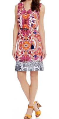 Antonio Melani Elaine Dress Shift Belted Floral-Paisley Cayenne / Orchid Size 6