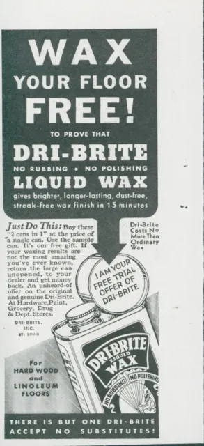 1936 Dri Bite Liquid Wax Free Trial Offer Hardwood Linoleum Vintage Print Ad GH1