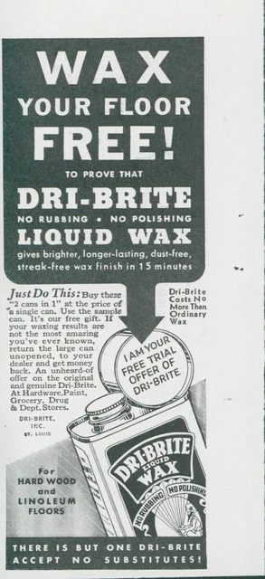 1936 Dri Bite Liquid Wax Free Trial Offer Hardwood Linoleum Vintage Print Ad GH1