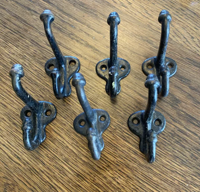 6 Antique Vintage Double Coat Hooks School Acorn Design Rustic Iron