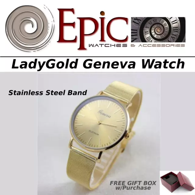 EPIC TIME- Lady Gold- Geneva Fashion Analog Quartz Watch- Stainless Steel Band