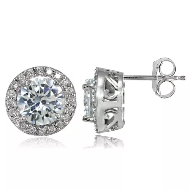 Sterling Silver Cubic Zirconia Round Halo Stud Earrings