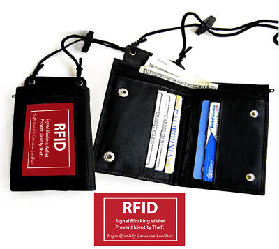Black Leather ID CARD Holder Neck Strap Travel Work Pouch Wallet RFID Blocking