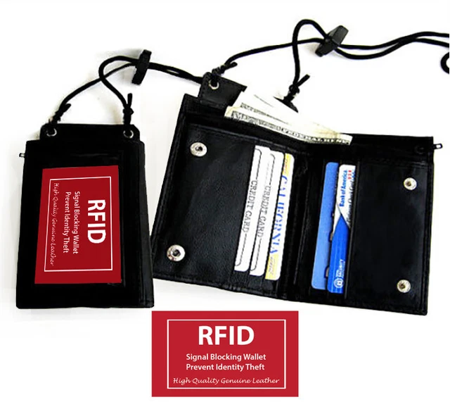 Black Leather ID CARD Holder Neck Strap Travel Work Pouch Wallet RFID Blocking
