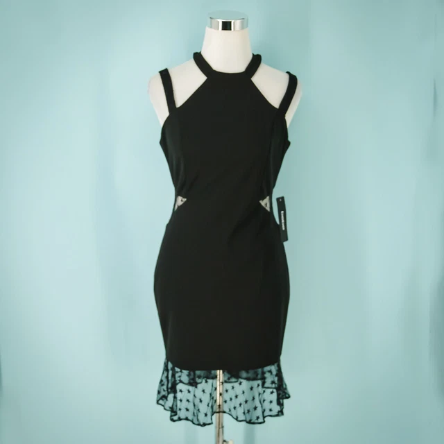 Bebe Size 4 Dress Mini Lace Star Trim Hem Cutout Sides Sleeveless Black Strappy