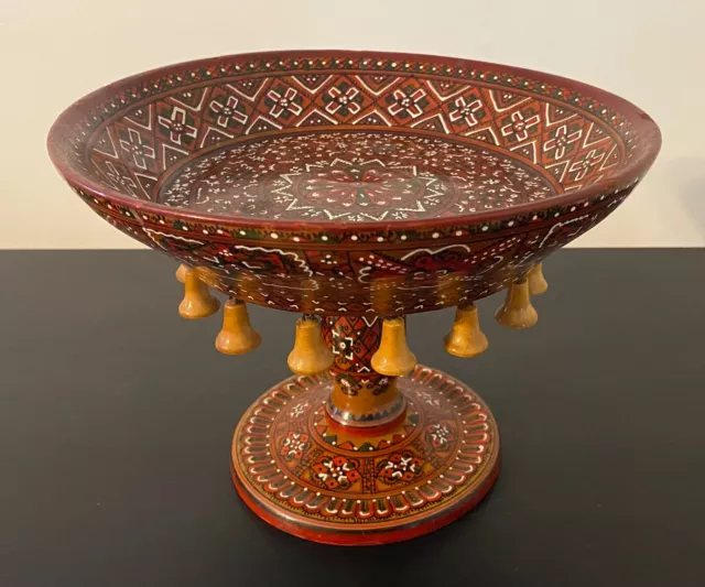 Mid Century Middle Eastern Hand Painted Wooden Fruit Pedestal Bowl Compote