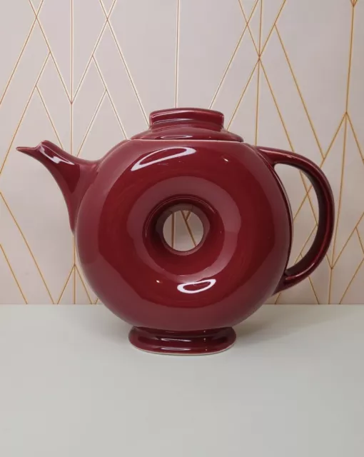 Vintage 1940s Hall China Donut Teapot - Maroon Red- Art Deco Novelty Teapot