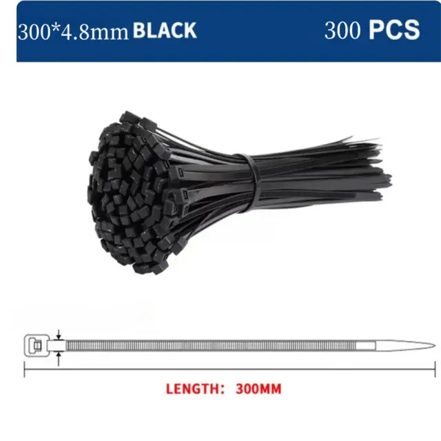 300Pcs 300mm x 4.8mm Cable Ties Black Nylon Self-locking Plastic Wire Zip Ties