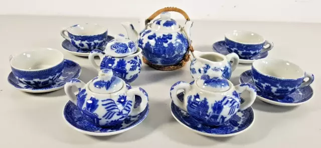 Kinder Teeservice Porzellan Miniatur China Blau/Weiß 15 Teile original Vintage