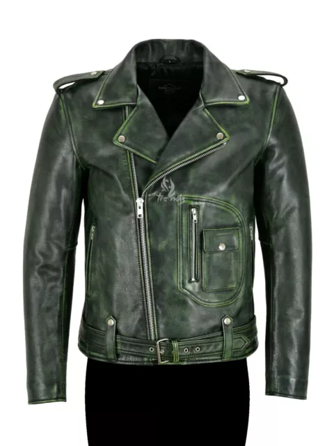 Men's Real Leather Riding Jacket Green Vintage Thick Cowhide Brando Biker Style