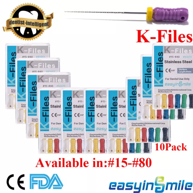 10Packs Dental K-Files 25mm Files Endodontic Root  Canal Stainless Steel #15-#80