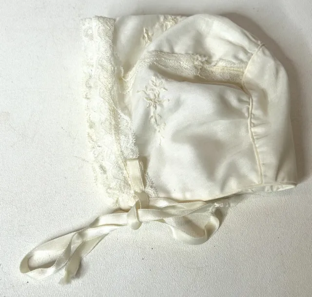 Antique Vintage Infant Off White Baby Doll BONNET Embroidered  christening Lacy