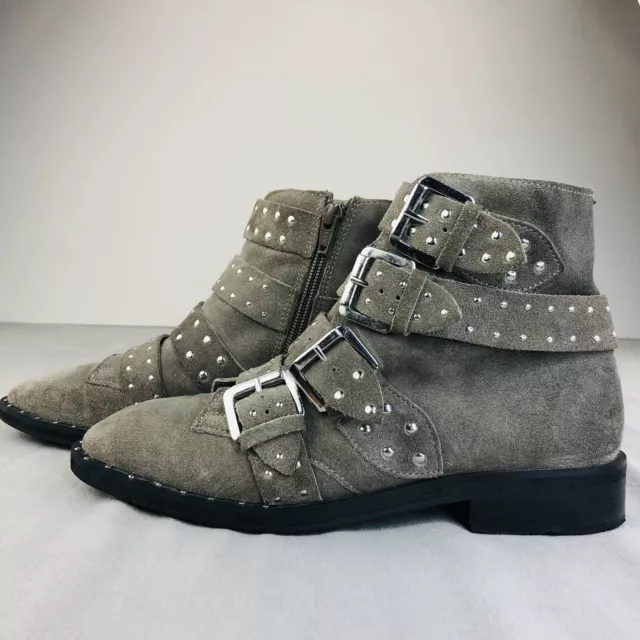 TOPSHOP Paige Nude Suede Studded Buckle Straps Ankle Boots SZ 6.5 (37)