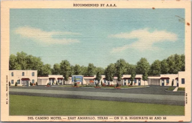 East Amarillo, Texas Postcard DEL CAMINO MOTEL Route 66 Roadside Linen / 1951