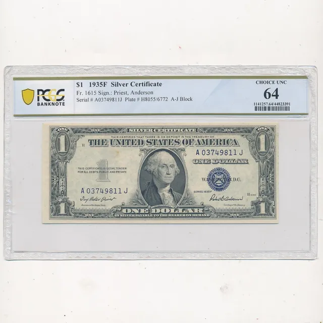 1935F $1 Dollar Bill Silver Certificate Fr. 1615 ~ Pcgs Choice Unc 64 ~ Free S/H