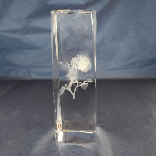 VTG 3D Crystal Glass Laser Etched Angel and Rose Holographic Paperweight Cuboid