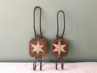 Vintage Coat Racks 2 Iron Wire Hooks on wood panels with Six-Point Star