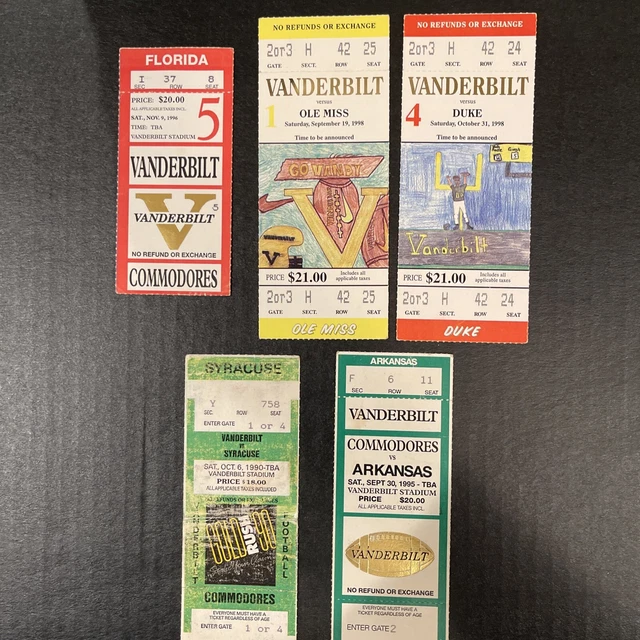 1990s Football Ticket Stubs Vanderbilt Ole Miss Arkansas Syracuse Duke Florida